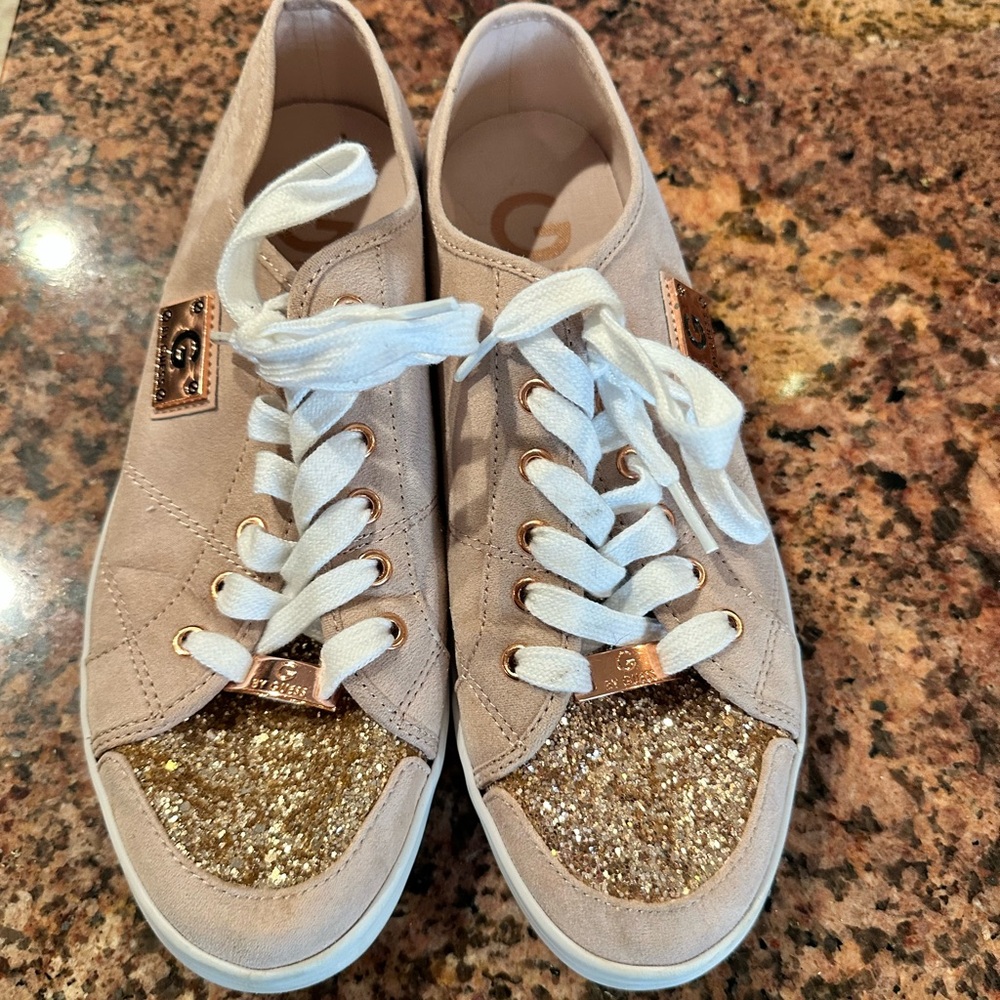Guess Rose Gold Glitter and pink suede Women's Sneakers, lightly worn.